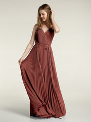 Col En V Complète Plissé Jupe Robes Avec Nœud Ceinture terracotta Grande Taille
