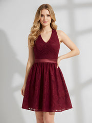 Licou Col en V Dentelle Robe avec Satin Ceinture Bordeaux