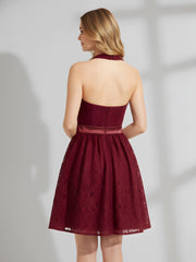 Licou Col en V Dentelle Robe avec Satin Ceinture Bordeaux