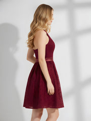 Licou Col en V Dentelle Robe avec Satin Ceinture Bordeaux