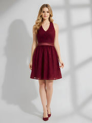 Licou Col en V Dentelle Robe avec Satin Ceinture Bordeaux