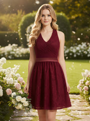 Licou Col en V Dentelle Robe avec Satin Ceinture Bordeaux