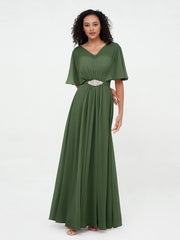 Robes Longues en Mousseline à Col en Cœur Illusion Olive Verte