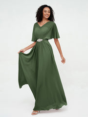 Robes Longues en Mousseline à Col en Cœur Illusion Olive Verte