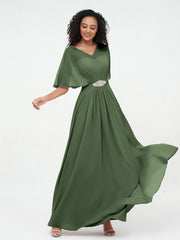 Robes Longues en Mousseline à Col en Cœur Illusion Olive Verte