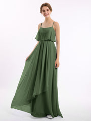 Spaghetti Bretelle Mousseline Robe Avec Cascade Jupe Olive Verte