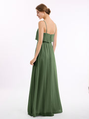 Spaghetti Bretelle Mousseline Robe Avec Cascade Jupe Olive Verte