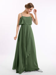 Spaghetti Bretelle Mousseline Robe Avec Cascade Jupe Olive Verte Grande Taille