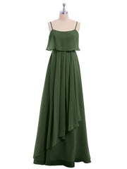 Spaghetti Bretelle Mousseline Robe Avec Cascade Jupe Olive Verte