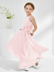 Robes de Demoiselle d'Honneur Junior à Encolure Bateau avec Ceinture Rose Pâle