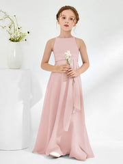 Robes de Demoiselle d'Honneur Junior à Encolure Bateau avec Ceinture Rose Poudré