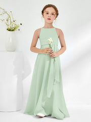 Robes de Demoiselle d'Honneur Junior à Encolure Bateau avec Ceinture Sauge Poudrée