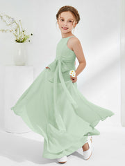 Robes de Demoiselle d'Honneur Junior à Encolure Bateau avec Ceinture Sauge Poudrée