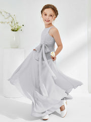 Robes de Demoiselle d'Honneur Junior à Encolure Bateau avec Ceinture Argent