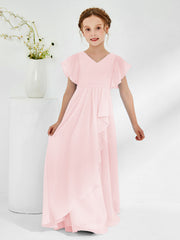 Robes de Demoiselle d'Honneur Junior à Col en V avec Manches Flottantes Rose Pâle