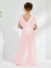Robes de Demoiselle d'Honneur Junior à Col en V avec Manches Flottantes Rose Pâle