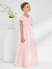 Robes de Demoiselle d'Honneur Junior à Col en V avec Manches Flottantes Rose Pâle