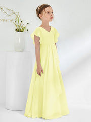 Robes de Demoiselle d'Honneur Junior à Col en V avec Manches Flottantes Jonquille