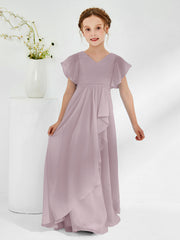 Robes de Demoiselle d'Honneur Junior à Col en V avec Manches Flottantes Crépuscule