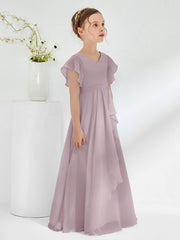Robes de Demoiselle d'Honneur Junior à Col en V avec Manches Flottantes Crépuscule