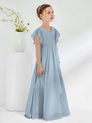 Robes de Demoiselle d'Honneur Junior à Col en V avec Manches Flottantes Bleu Poudré