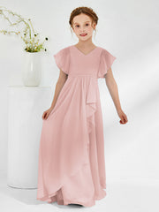 Robes de Demoiselle d'Honneur Junior à Col en V avec Manches Flottantes Rose Poudré