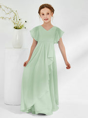 Robes de Demoiselle d'Honneur Junior à Col en V avec Manches Flottantes Sauge Poudrée