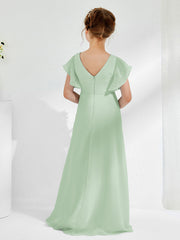 Robes de Demoiselle d'Honneur Junior à Col en V avec Manches Flottantes Sauge Poudrée
