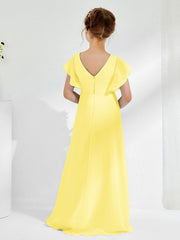 Robes de Demoiselle d'Honneur Junior à Col en V avec Manches Flottantes Citron