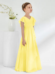 Robes de Demoiselle d'Honneur Junior à Col en V avec Manches Flottantes Citron