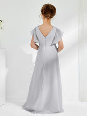 Robes de Demoiselle d'Honneur Junior à Col en V avec Manches Flottantes Argent