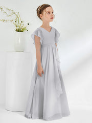 Robes de Demoiselle d'Honneur Junior à Col en V avec Manches Flottantes Argent