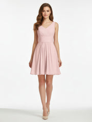 Col en V Mousseline Robes Demoiselle d'honneure Courtes Rose Poudré
