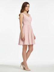 Col en V Mousseline Robes Demoiselle d'honneure Courtes Rose Poudré