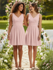 Col en V Mousseline Robes Demoiselle d'honneure Courtes Rose Poudré