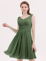 Col en V Mousseline Robes Demoiselle d'honneure Courtes Olive Verte