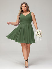 Col en V Mousseline Robes Demoiselle d'honneure Courtes Olive Verte Grande Taille