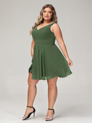Col en V Mousseline Robes Demoiselle d'honneure Courtes Olive Verte Grande Taille