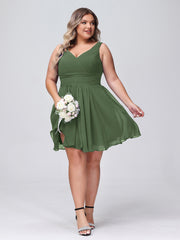 Col en V Mousseline Robes Demoiselle d'honneure Courtes Olive Verte Grande Taille