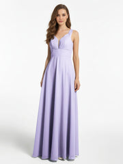 Robe en Mousseline Simple à Encolure Crantée de Pleine Longueur Lilas