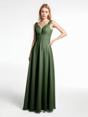 Robe en Mousseline Simple à Encolure Crantée de Pleine Longueur Olive Verte