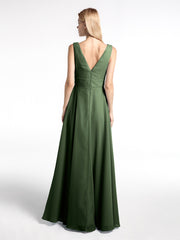 Robe en Mousseline Simple à Encolure Crantée de Pleine Longueur Olive Verte