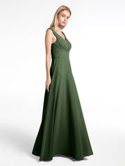 Robe en Mousseline Simple à Encolure Crantée de Pleine Longueur Olive Verte