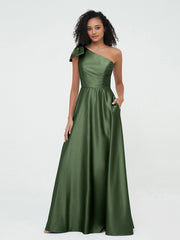 Robes Longues en Satin à Une Epaule avec Poches Olive Verte