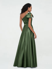 Robes Longues en Satin à Une Epaule avec Poches Olive Verte