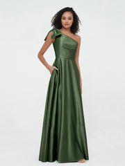 Robes Longues en Satin à Une Epaule avec Poches Olive Verte