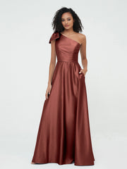 Robes Longues en Satin à Une Epaule avec Poches terracotta