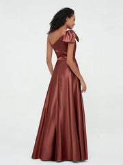 Robes Longues en Satin à Une Epaule avec Poches terracotta