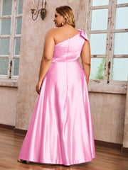 Robes Longues en Satin à Une Epaule avec Poches Rose Bonbon