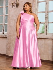 Robes Longues en Satin à Une Epaule avec Poches Rose Bonbon